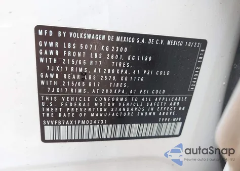2023 Volkswagen Tiguan 2.0T S z USA, uszkodzony, nr VIN 3VVFB7AX1PM024731